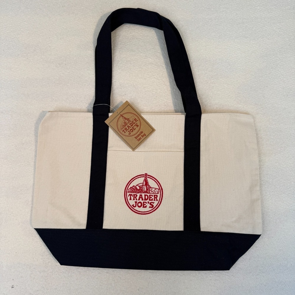 NWT Trader Joe's Canvas Tote Bag Reusable Grocery Beach Book Large Navy Shopper